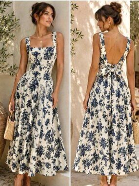 NWT Caroline Constas Low Back Floral Dress Navy and White S